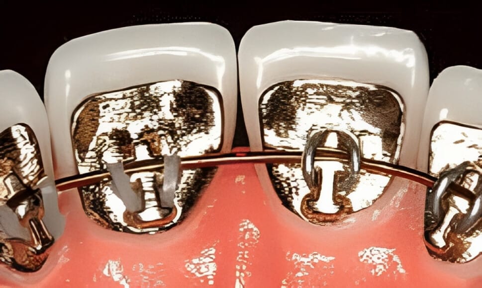 Dental braces with gold-colored brackets and wires bonded to front teeth on pink gum model.